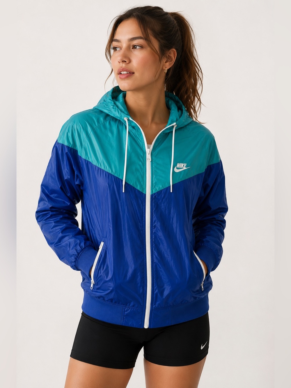 Vintage Nike Windrunner Jacket Blue Teal Y2K Hooded Windbreaker full zip Size XS